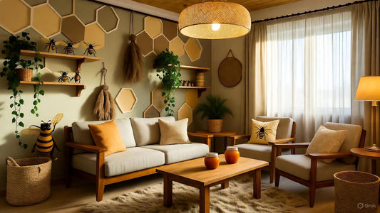 living room with a bee hive look
