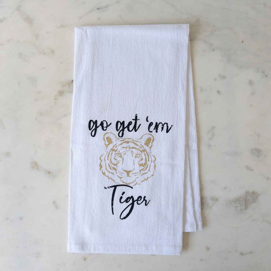 White hand towel, "go get em Tiger"
