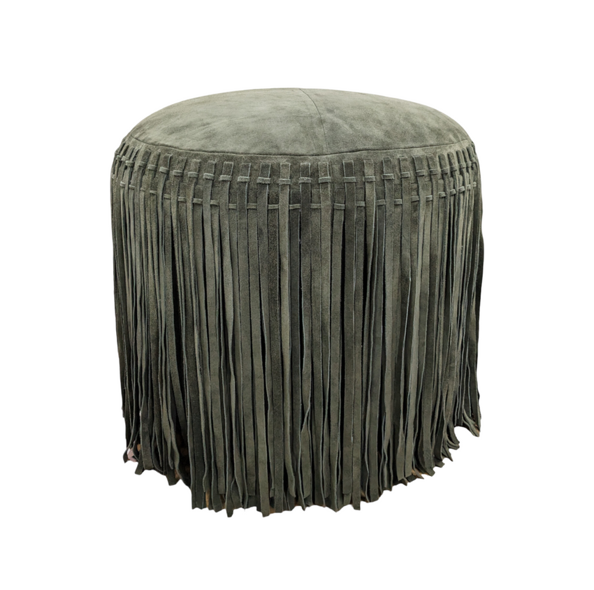 Suede Pouf w/Fringe - Olive