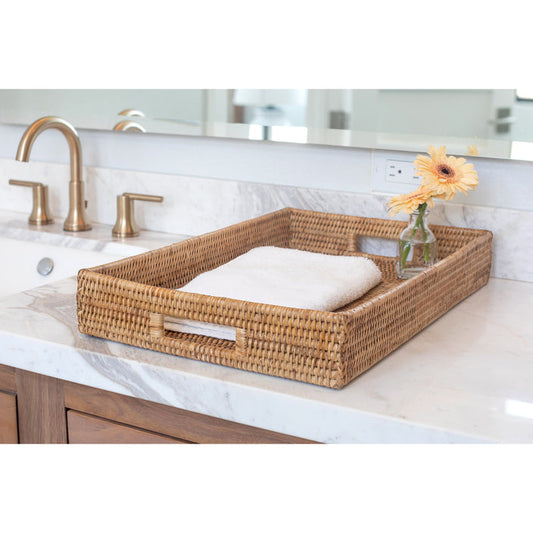 Rectangle wicker tray w/cutout handles.
