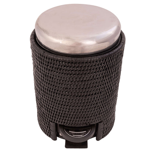 Round black waste basket w/foot lever and metal lid