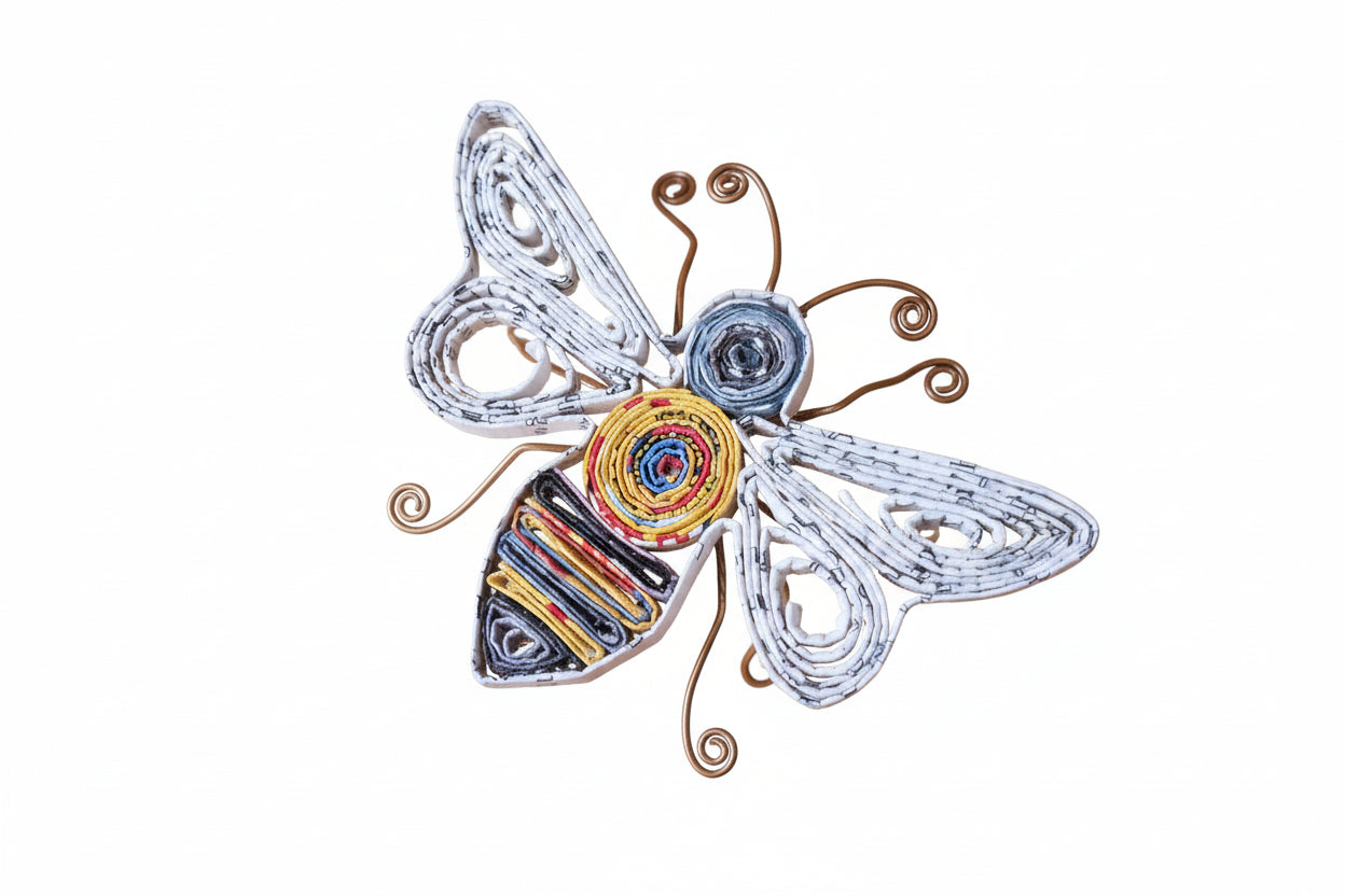 Bee shaped ornaments made of recycled magazines