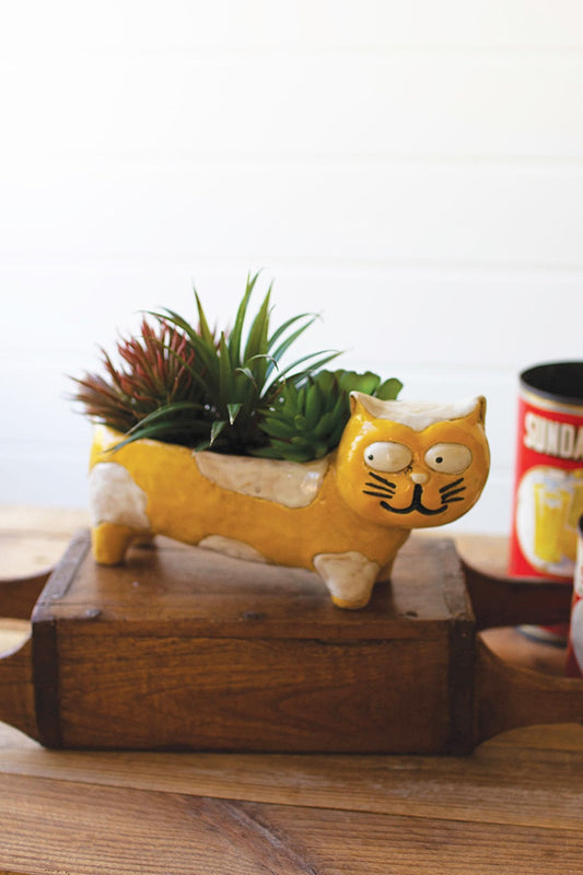 Ceramic Yellow and white cat planter