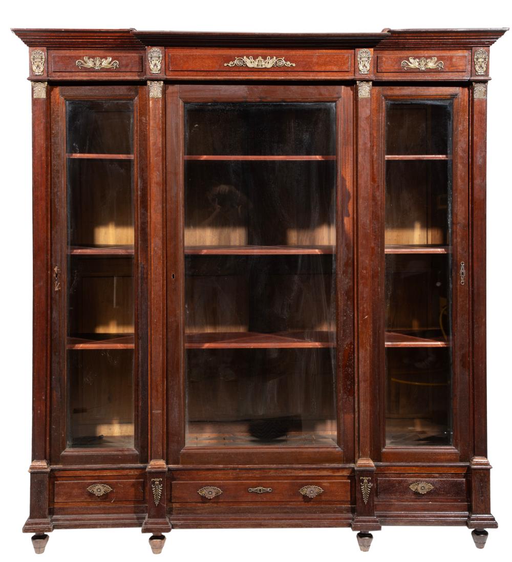 French Second Empire Circa 1850 Bronze Mounted Bibliothèque Molded Cornice Paneled Frieze 3 molded bevel glass doors, mounted stiles, and molded plinth base.