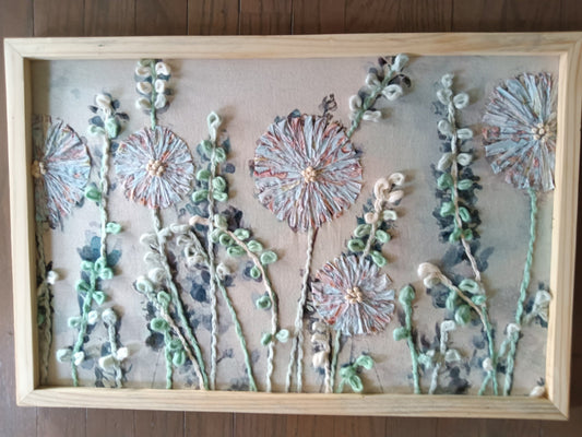 Floral embroidered print wall décor with green and baby blue highlights