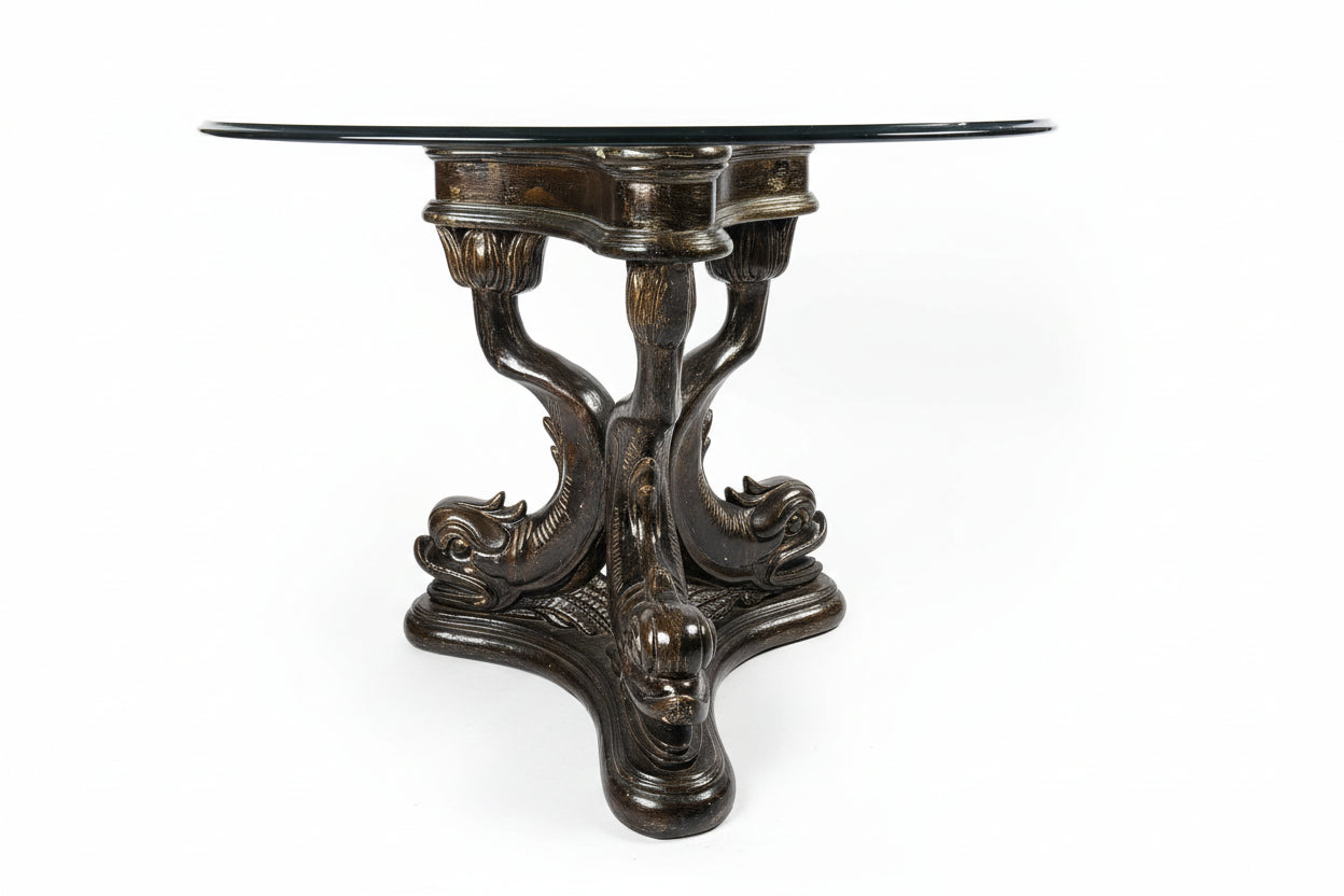 Glass table with dolphin pedestal