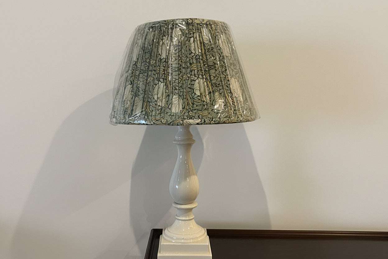 White Pedestal Lamp with William Morris Print on Green shade