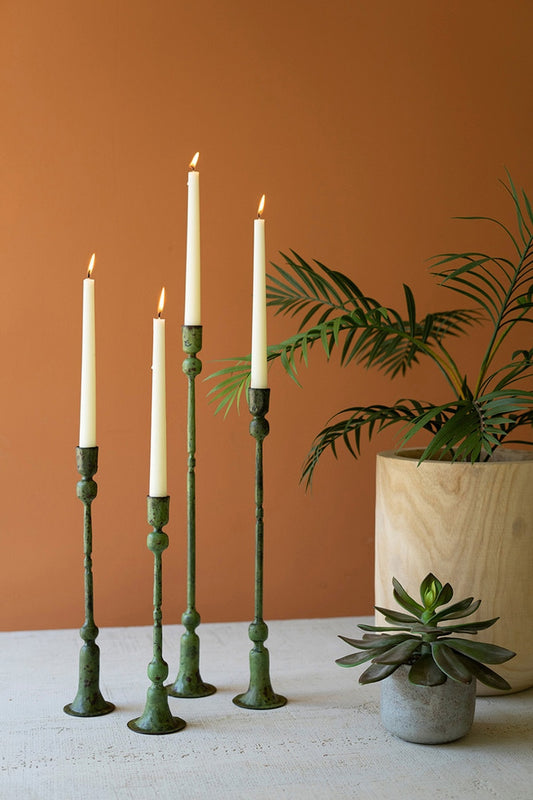 Forged Iron Candle Sticks tapered with a light green patina.