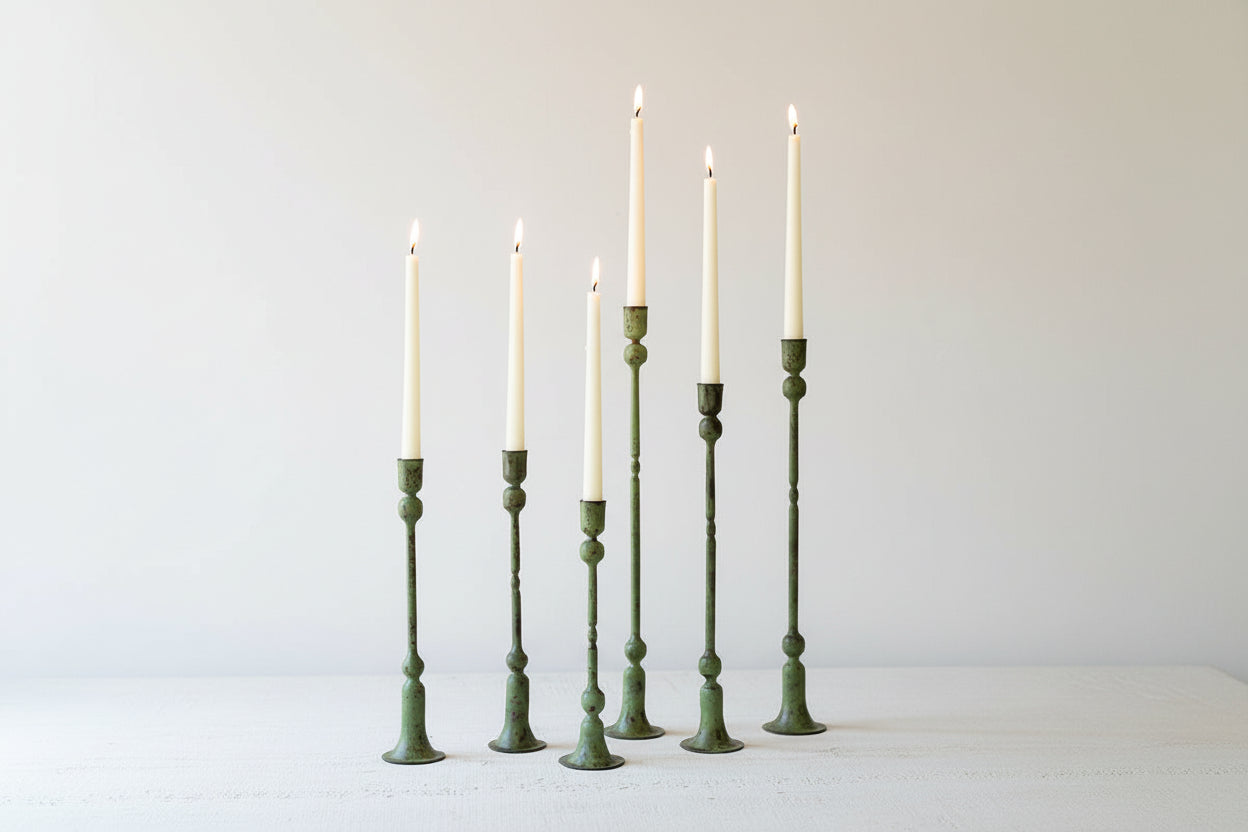 Forged Iron Candle Sticks Tapered with a Light Green Patina.