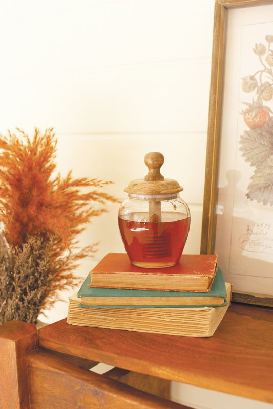 Glass Honey jar with Mango wood lid