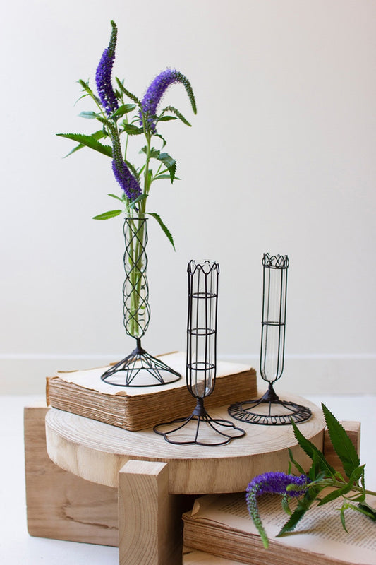 Wire wrapped glass bud vase