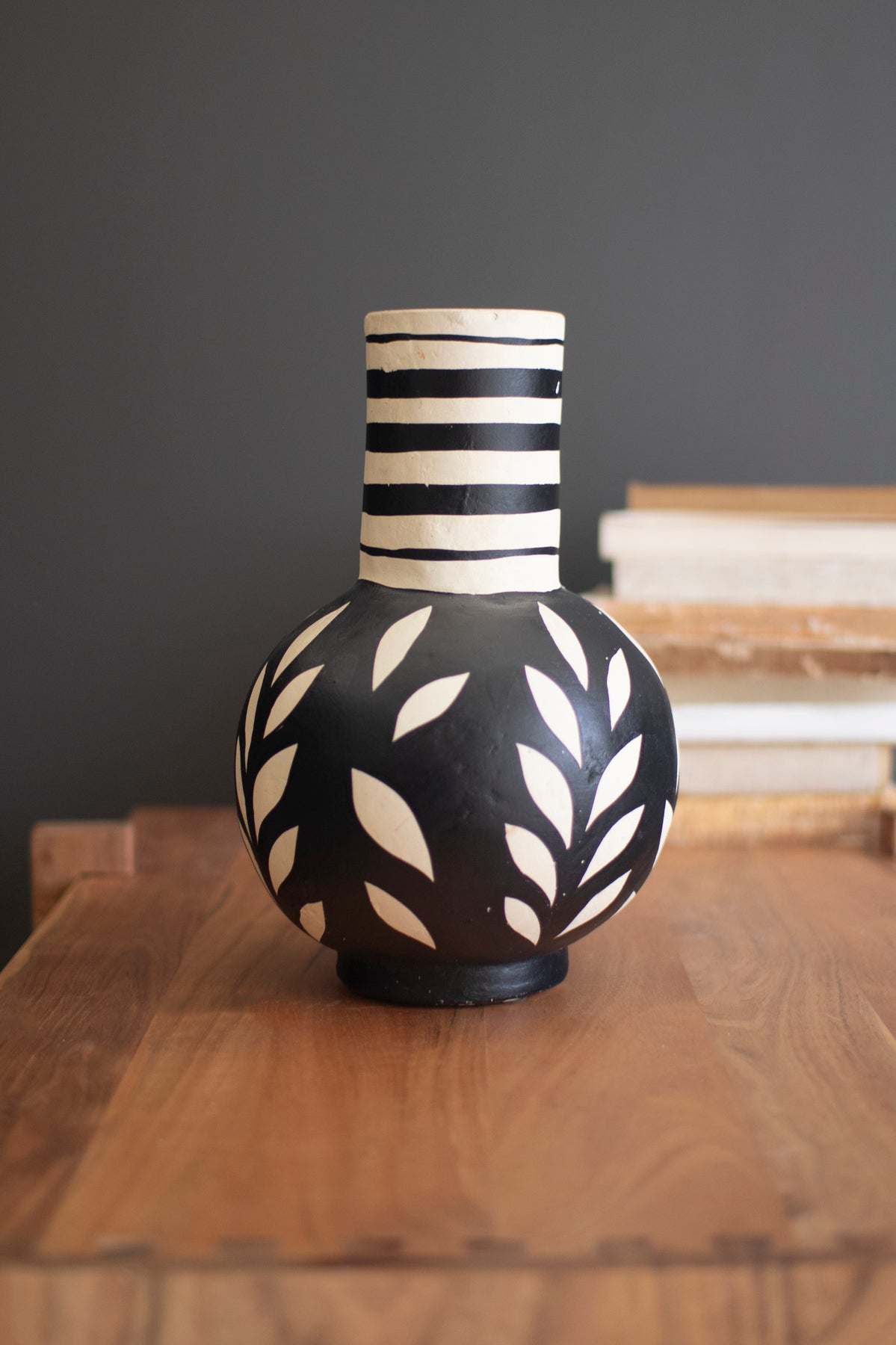 Black and White Paper Mache Bottle