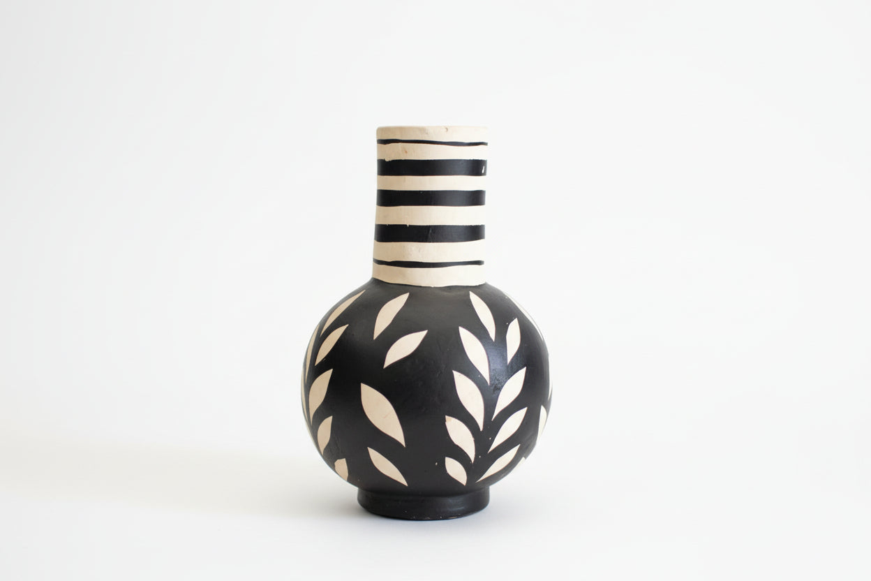 Black and White Paper Mache Bottle
