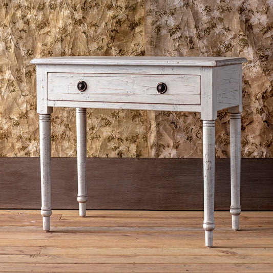 Georgia table w/distressed white finish over reclaimed wood.