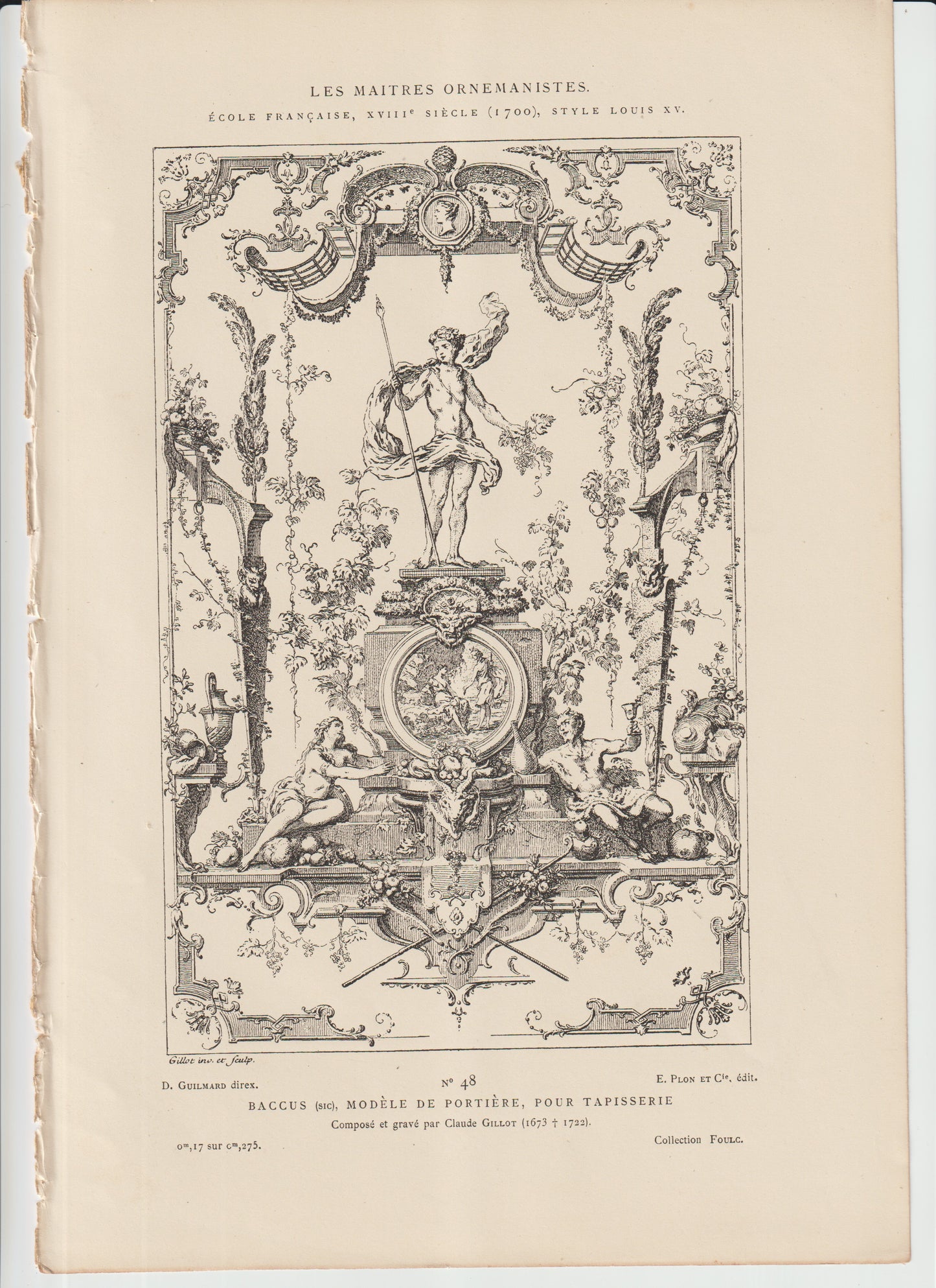 “Antique 19th‑C Engraving ‘Bacchus’ – Portière Tapestry Design by Claude Gillot – Plon et Cie., No. 48”