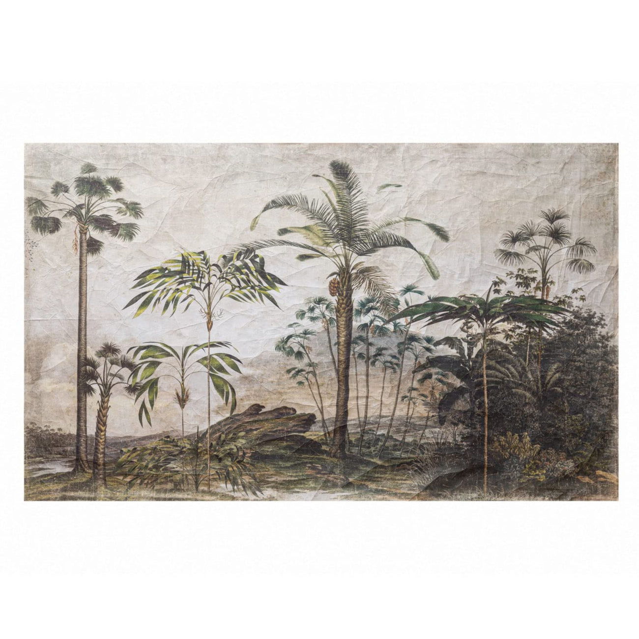 Tropical forest scene with palm trees on a textured paper background
