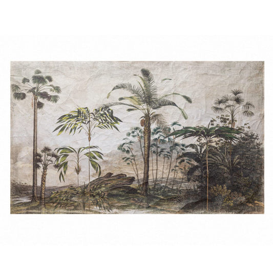 Tropical forest scene with palm trees on a textured paper background