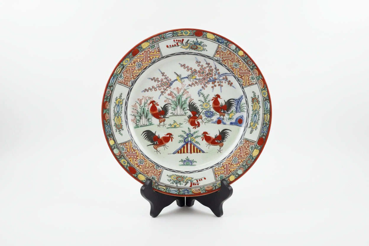 Hand Painted Roosters in a Garden Scene
