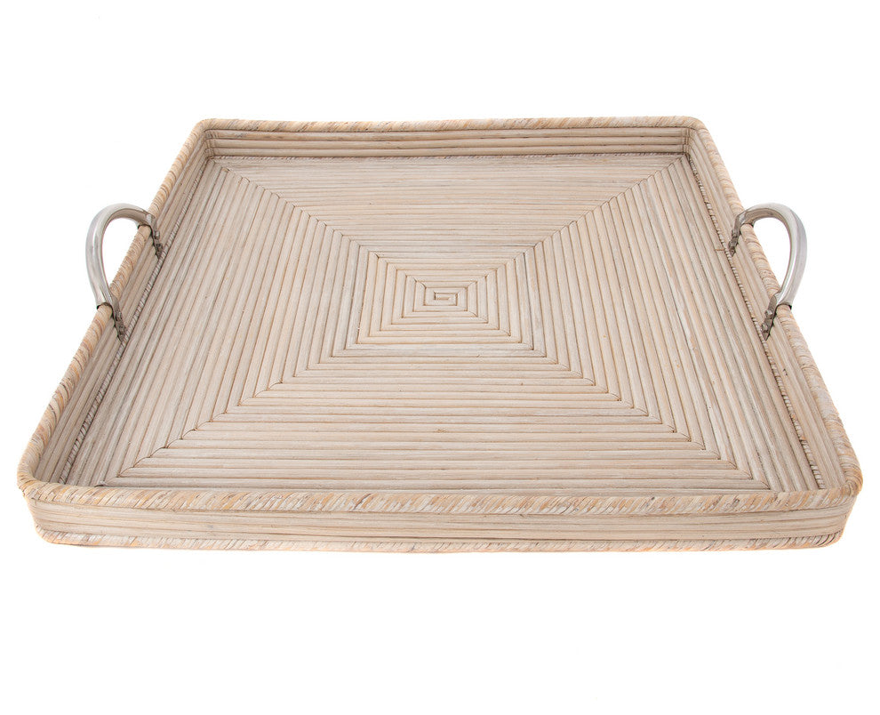 Square hand-woven wicker tray with metal handles.