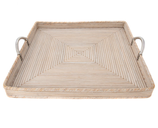 Square hand-woven wicker tray with metal handles.