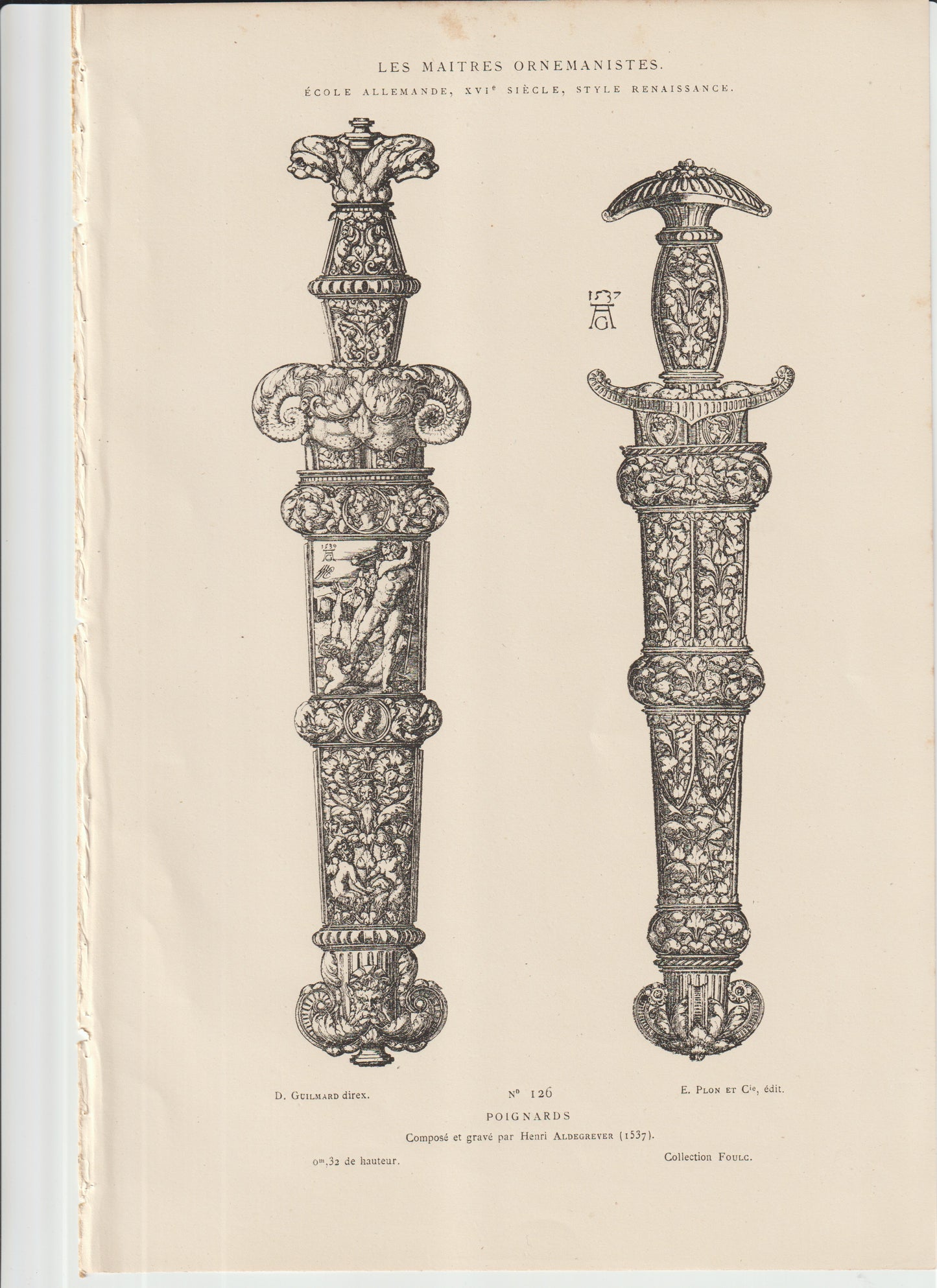 “Aldegrever Poignards, 1537 – Les Maîtres Ornemanistes Plate 126 – Antique Renaissance Dagger Engraving”