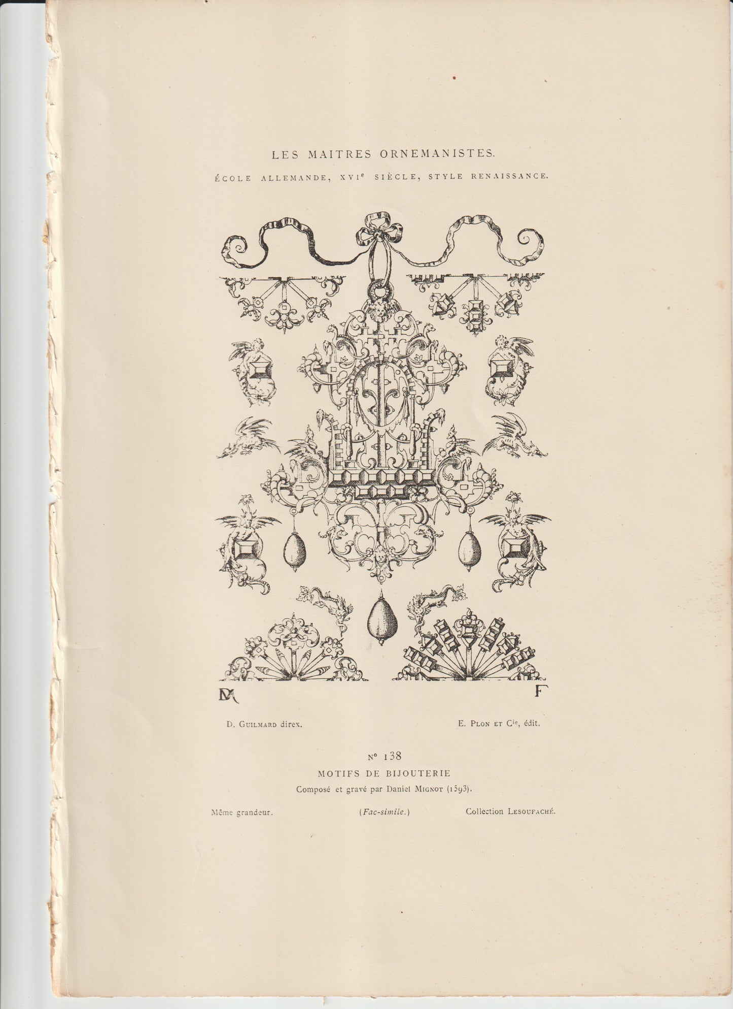 “1593 Renaissance Jewelry Design Engraving by Daniel Mignot – Antique German Ornament Print, Les Maîtres Ornemanistes No. 138”
