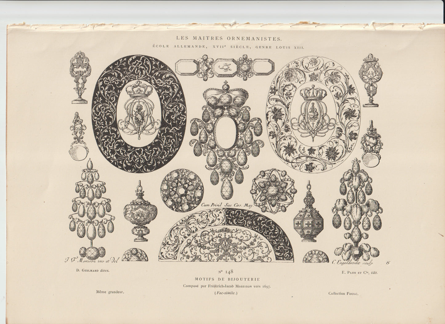 “Antique 18th‑Century Jewelry Motifs Print – German Louis XIII Ornament Design, Floral Baroque Engraving”