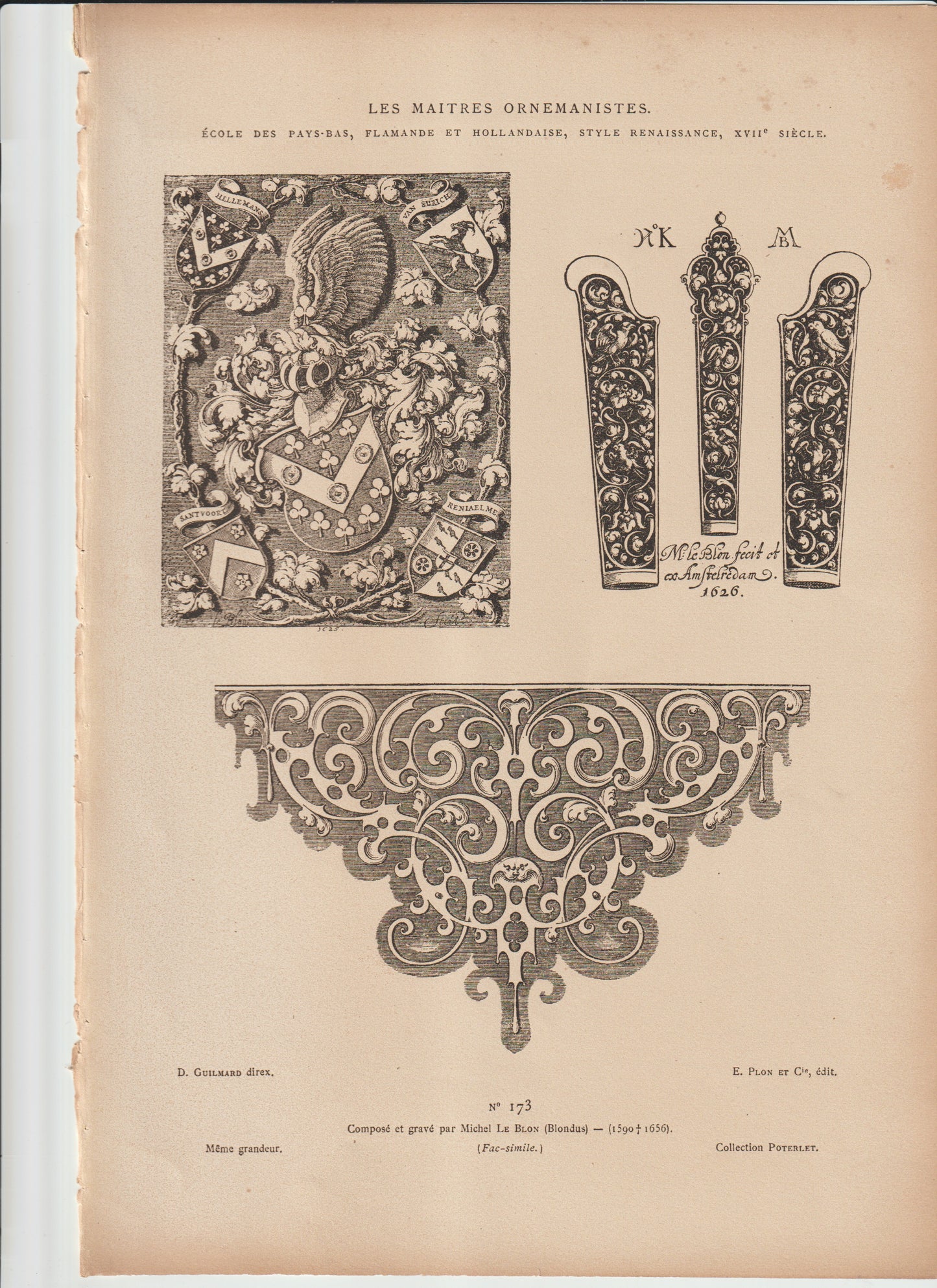 “1626 Flemish Heraldic Ornament Print – Michel Le Blon Renaissance Coat of Arms & Scrollwork – Antique Facsimile Art”