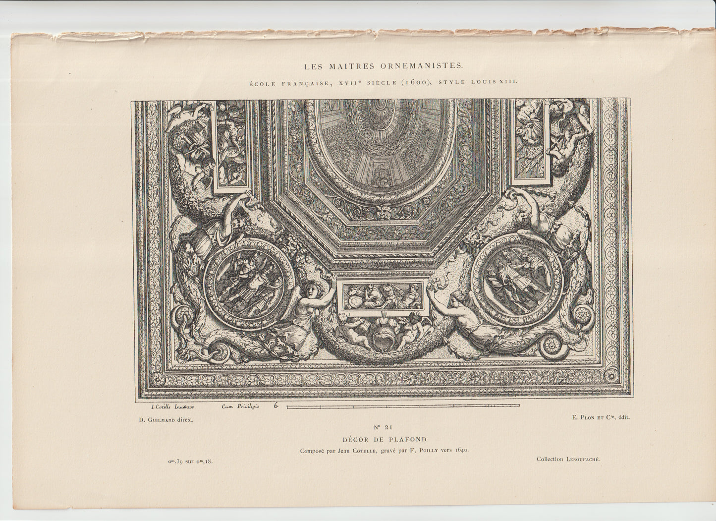 “1640 French Ceiling Design Engraving – Louis XIII Architectural Ornament – Louis Chéron / Poletz – Antique Château Decor Print”