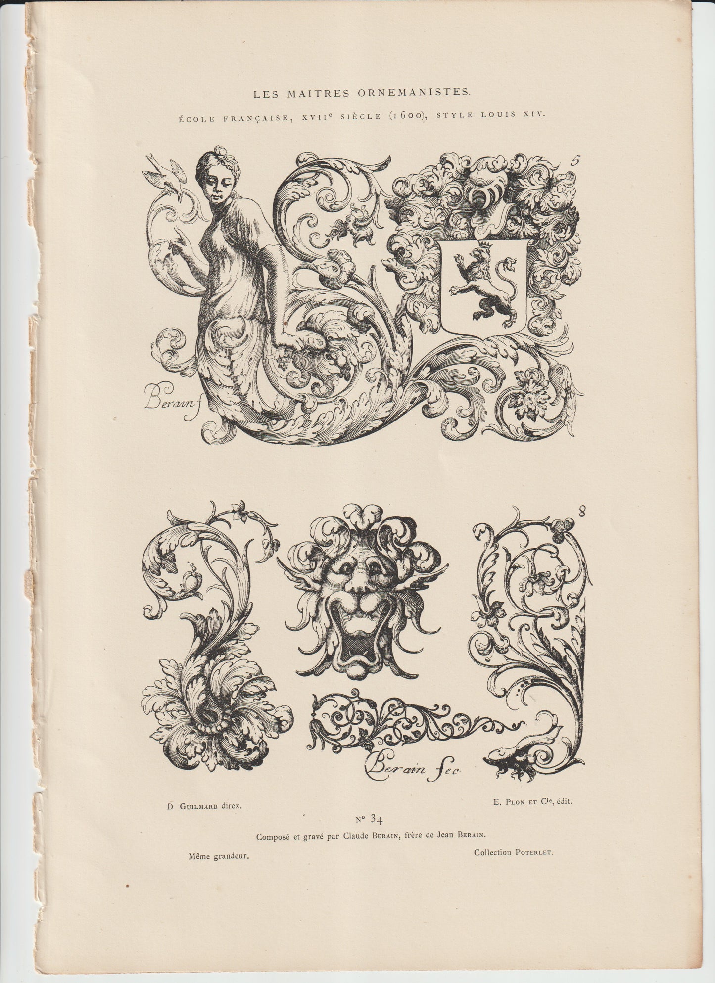 “Louis XIV Grotesque & Heraldic Ornament — Claude Berain Engraving, 19th‑C Plon et Cie”
