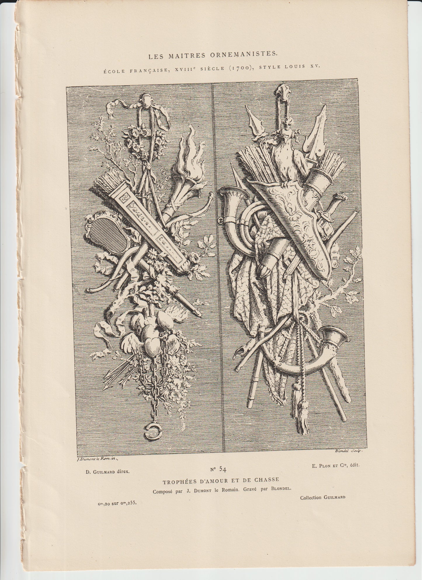 “Original 19th C. Engraving – Trophées d’Amour et de Chasse – Dumont/Blondel – Les Maîtres Ornemanistes No. 54 – Plon et Cie”