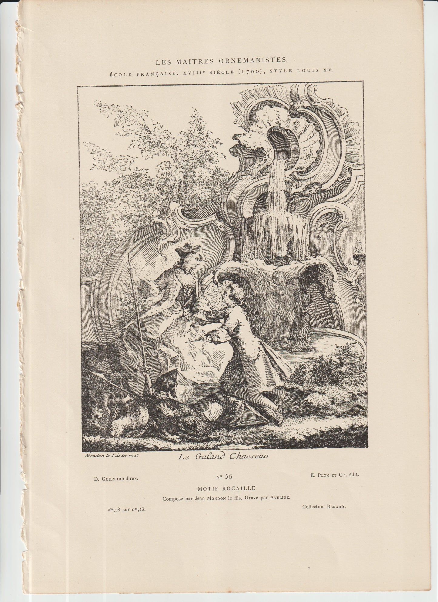“Le Galand Chasseur – Plon et Cie Engraving No. 56, Rococo Fountain & Hunting Scene, Les Maîtres Ornemanistes”