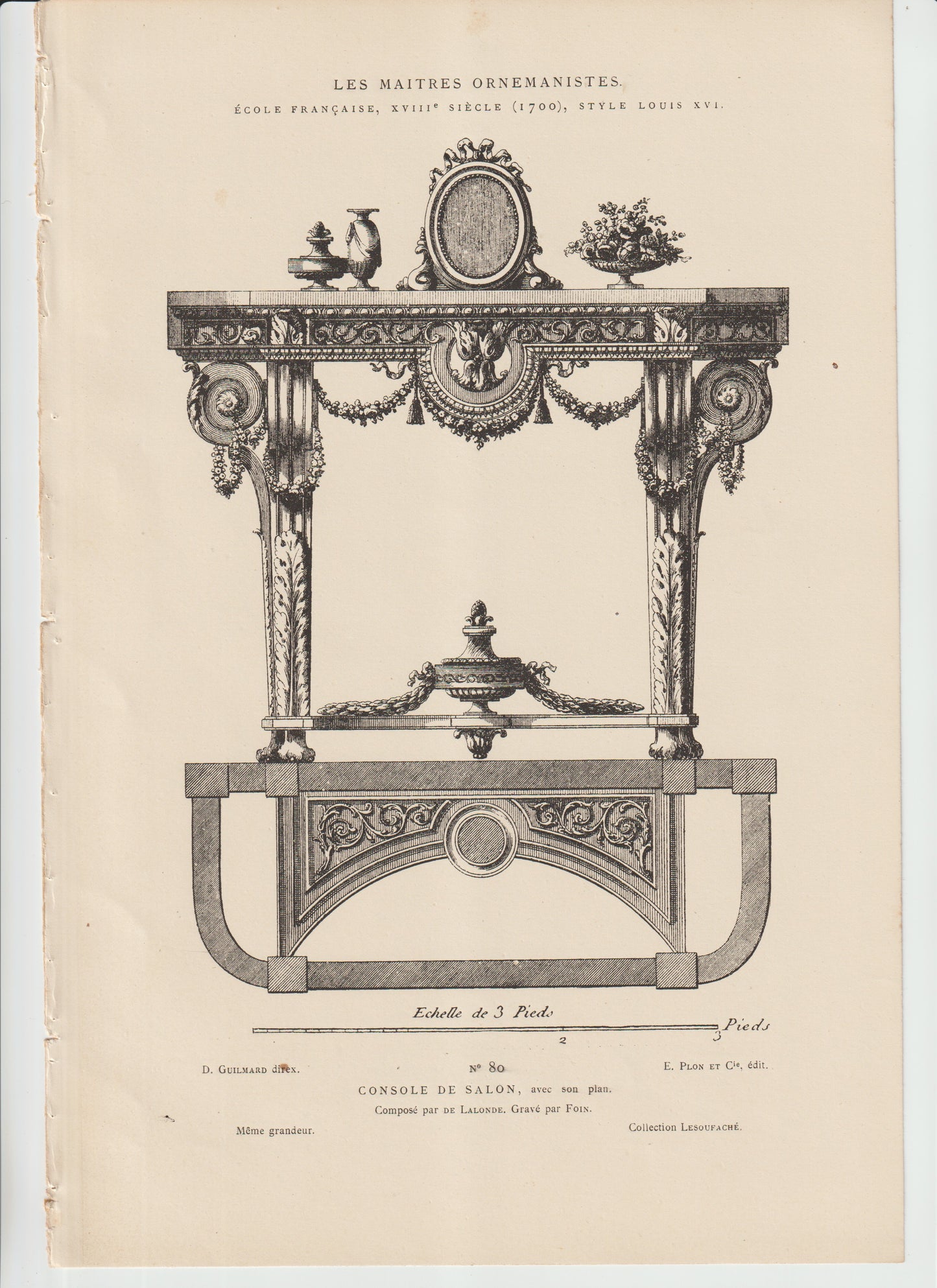“Les Maîtres Ornemanistes No. 80 – Louis XVI Console de Salon Engraving – de Lalonde / Foin – 19th C. French Architectural Plate”
