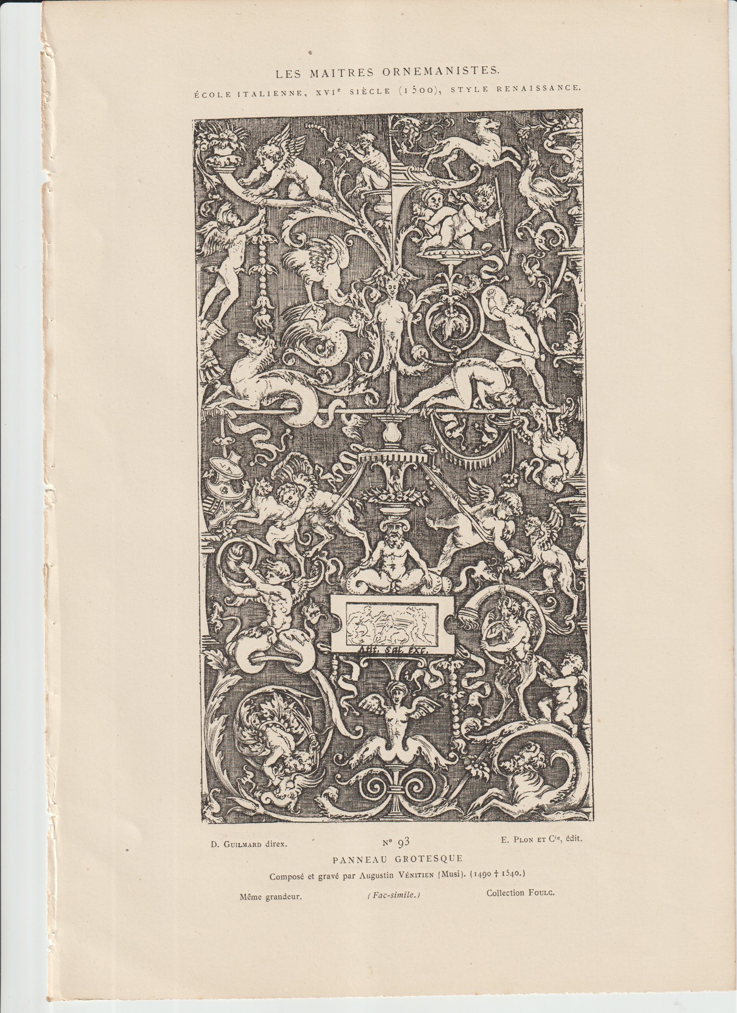 “Renaissance Grotesque Panel Engraving — Augustin Vénitien — Italian Ornament Print, 1860s Plon Edition — Les Maîtres Ornemanistes No. 93”