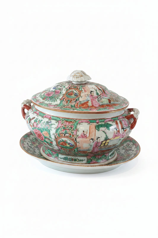 Chinese Rose Medallion Porcelain Hand Painted Tureen w/matching tray