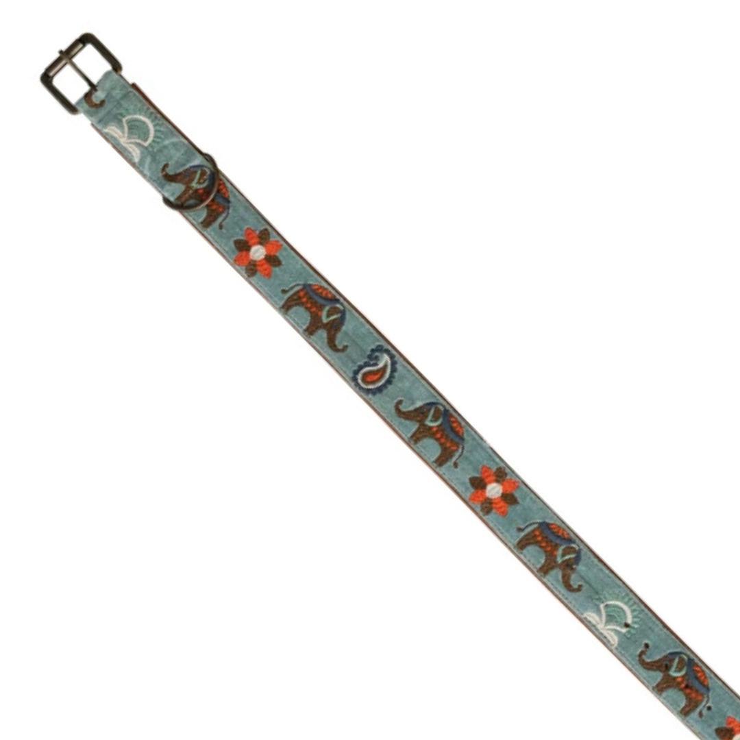 Cotton & Leather Dog Collar with Embroidery & Metal Buckle