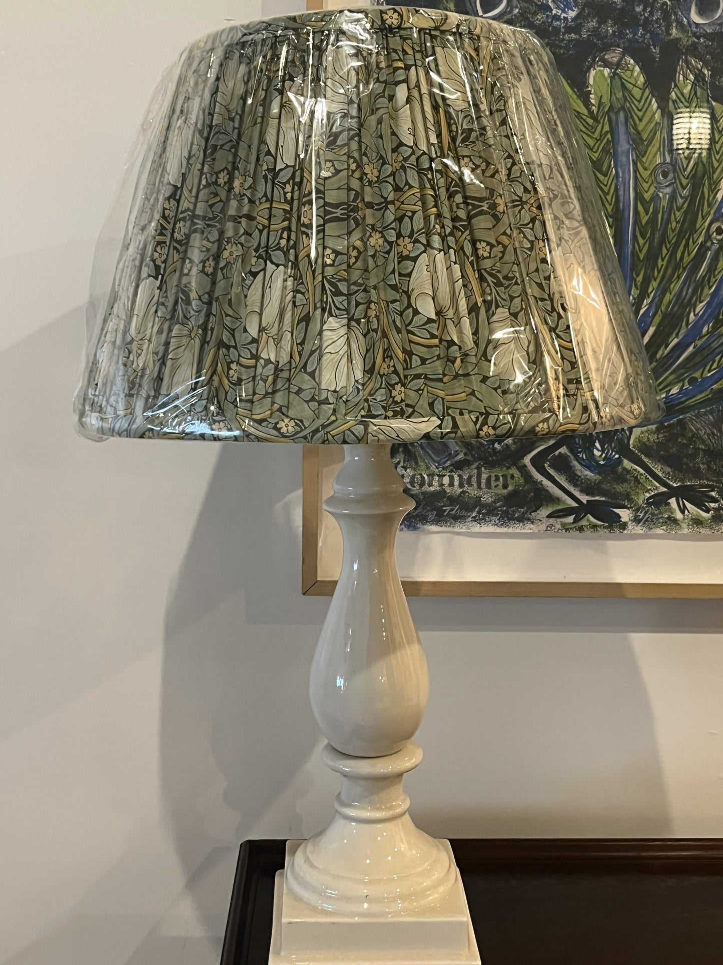 White Pedestal Lamp with William Morris Print on Green shade