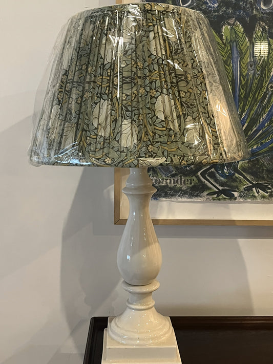 White Pedestal Lamp with William Morris Print on Green shade
