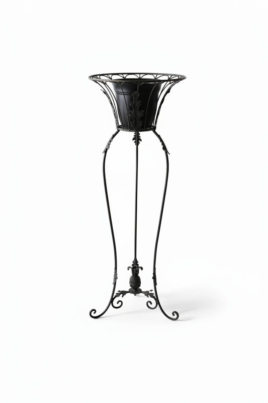 Ornate Wrought Iron Plant Stand, Black Scrollwork Indoor Planter Display