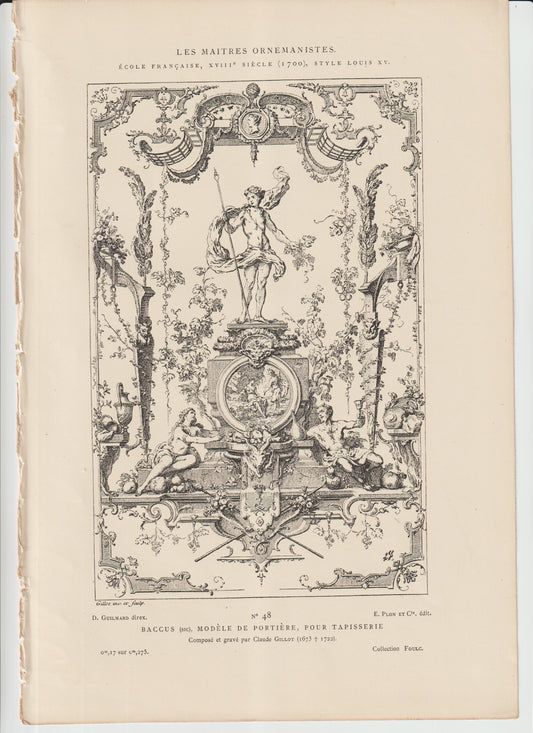 “Antique 19th‑C Engraving ‘Bacchus’ – Portière Tapestry Design by Claude Gillot – Plon et Cie., No. 48”