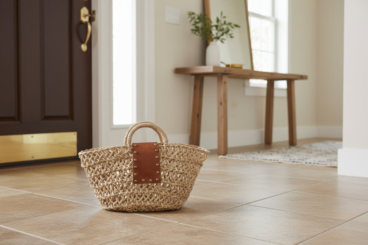 Small Open Straw Handbag with Leather Handles