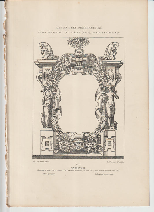 “Antique 19th‑C Du Cerceau Cartouche Engraving — French Renaissance Authentic Ornament, Plate No. 1”