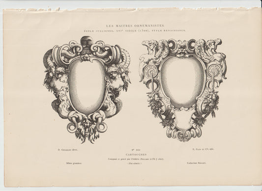 “Renaissance Cartouches by Federico Zuccaro – Antique 19th‑C Engraving (Les Maîtres Ornemanistes No. 101)”