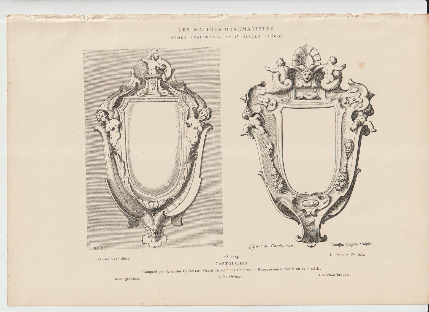 Les Maîtres Ornemanistes, No. 104, “Cartouches,” Italian School, 17th‑century designs, engraved by Cav. Cavini, published by E. Roux & Cie (Plon et Cie volume).
