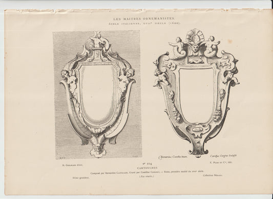 Les Maîtres Ornemanistes, No. 104, “Cartouches,” Italian School, 17th‑century designs, engraved by Cav. Cavini, published by E. Roux & Cie (Plon et Cie volume).
