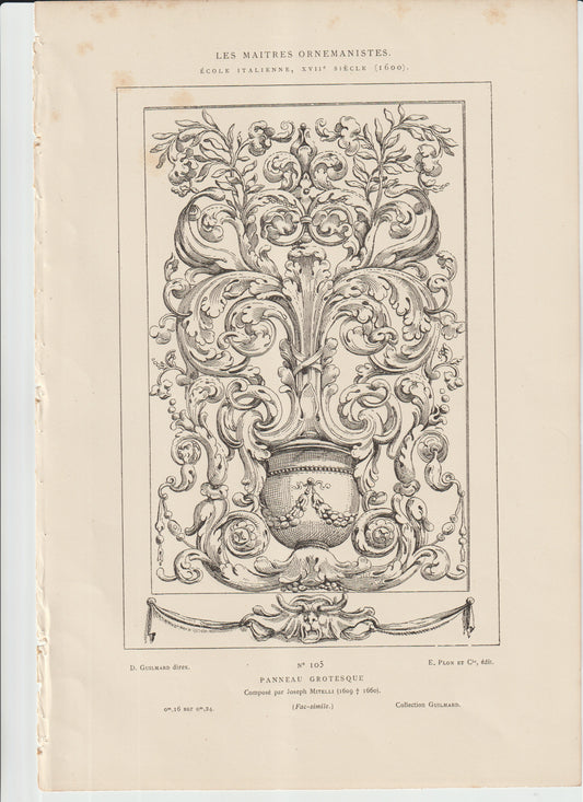 “Joseph Mitelli ‘Panneau Grotesque’ — 19th‑Century Plon et Cie Engraving, Italian Grotesque Ornament”