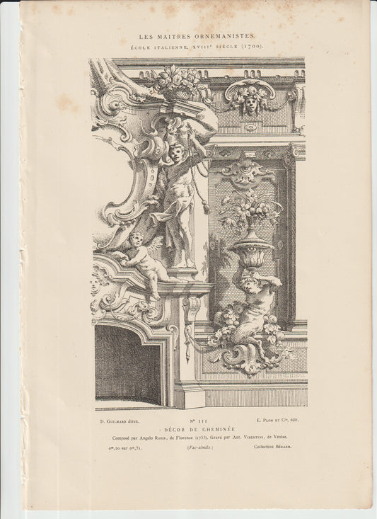 “1753 Italian Fireplace Design Engraving — Rossi & Visentini — Antique Baroque Architectural Print, Les Maîtres Ornemanistes”