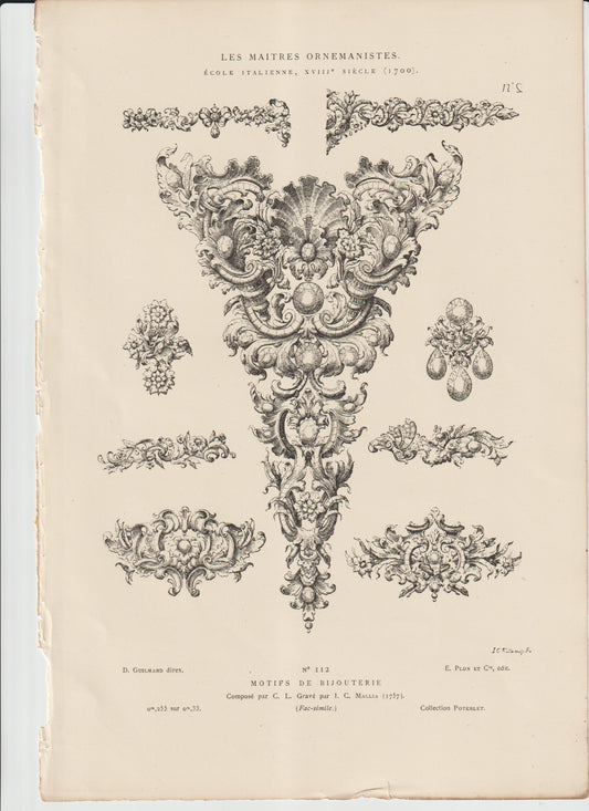“Les Maîtres Ornemanistes Plate 112 – Italian Rococo Jewelry Motifs, Mallia Engraving (1700)”