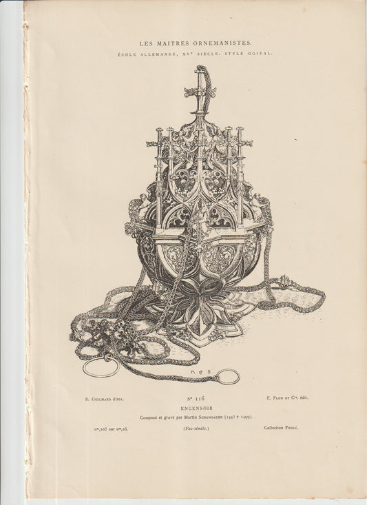 “Gothic Censer Engraving by Martin Schongauer • 15th‑Century German Ogival Style • Antique 19th‑C Art Plate”