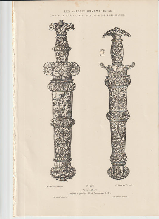 “Aldegrever Poignards, 1537 – Les Maîtres Ornemanistes Plate 126 – Antique Renaissance Dagger Engraving”